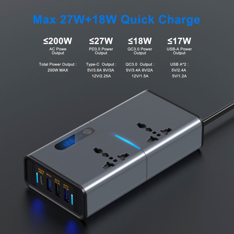 200W Universal Socket Power Inverter DC to AC Converter – 12V/24V Car Inverter with USB Charging Ports for Phones & Tablets, Multi-Purpose Charging