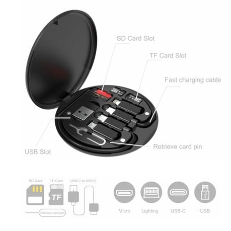EC148 Type C USB Charging Cable | Multi-Function Portable USB Adapter Card Storage Set | 4-in-1 Data Cable with USB-A, Micro-USB, Lightning Adapters