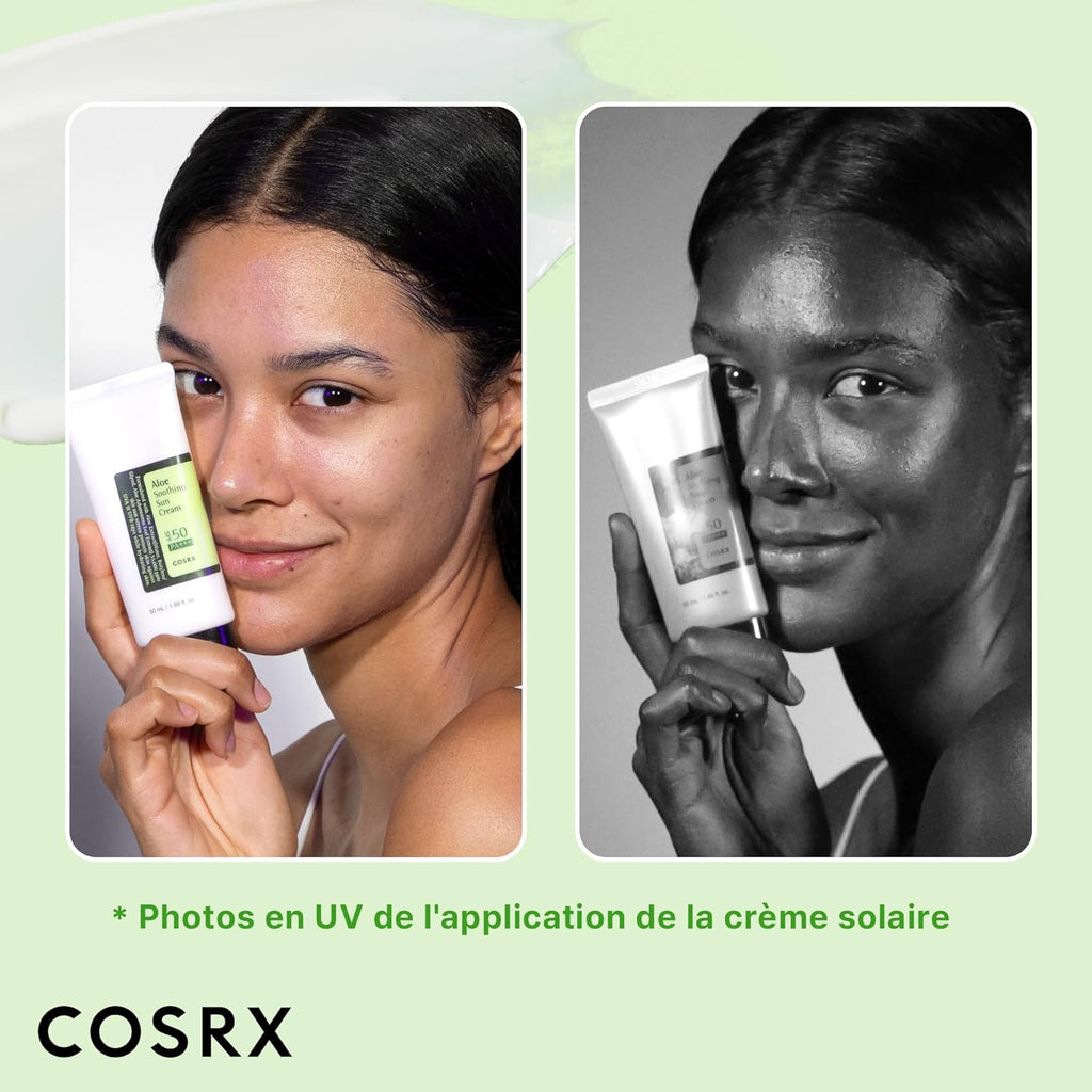 COSRX Aloe Soothing Sun Cream SPF50. Hydrating daily sunscreen for dry, sensitive skin. No white cast. UVA/UVB protection.