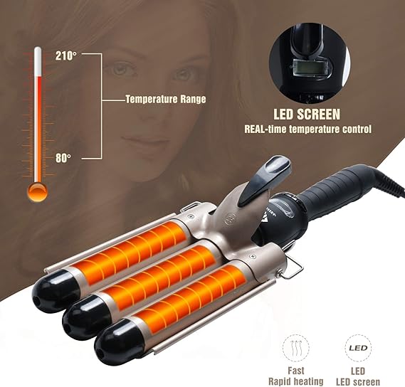 3-Barrel Ceramic Hair Curler Wand – Waver Curling Iron with LCD Display and 14 Adjustable Temperatures (80-210°C)