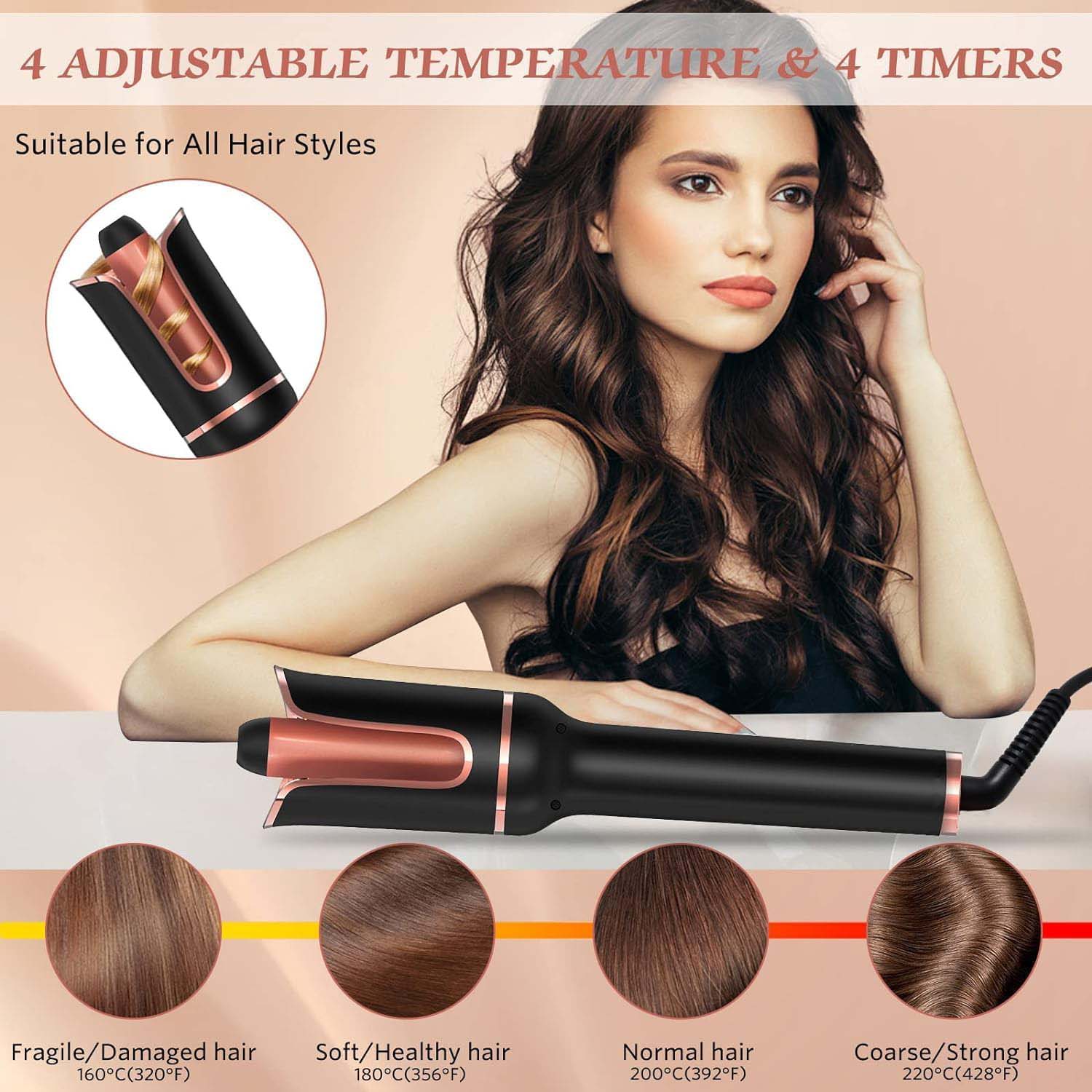 Automatic Hair Curler – 1" Rotating Curling Wand, Fast Heat, Dual Voltage, for Women – Creates Perfect Curls in Mid-Length to Long Hair (Black)