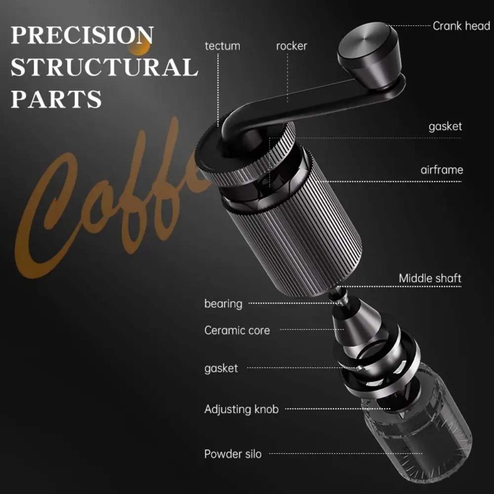 Portable Coffee Grinder with Ceramic Conical Burr. Double bearing internal adjustment for espresso, French press & pour over. 25g capacity.