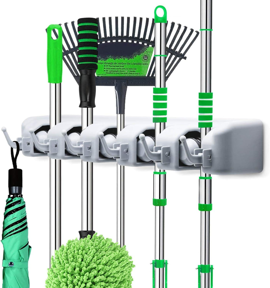 Tool Holder with Wax Handlebar | Wall-Mounted Mop Holder with 6 Hooks & 5 Quick-Release Clamps | Organize Mops, Brooms, and Tools