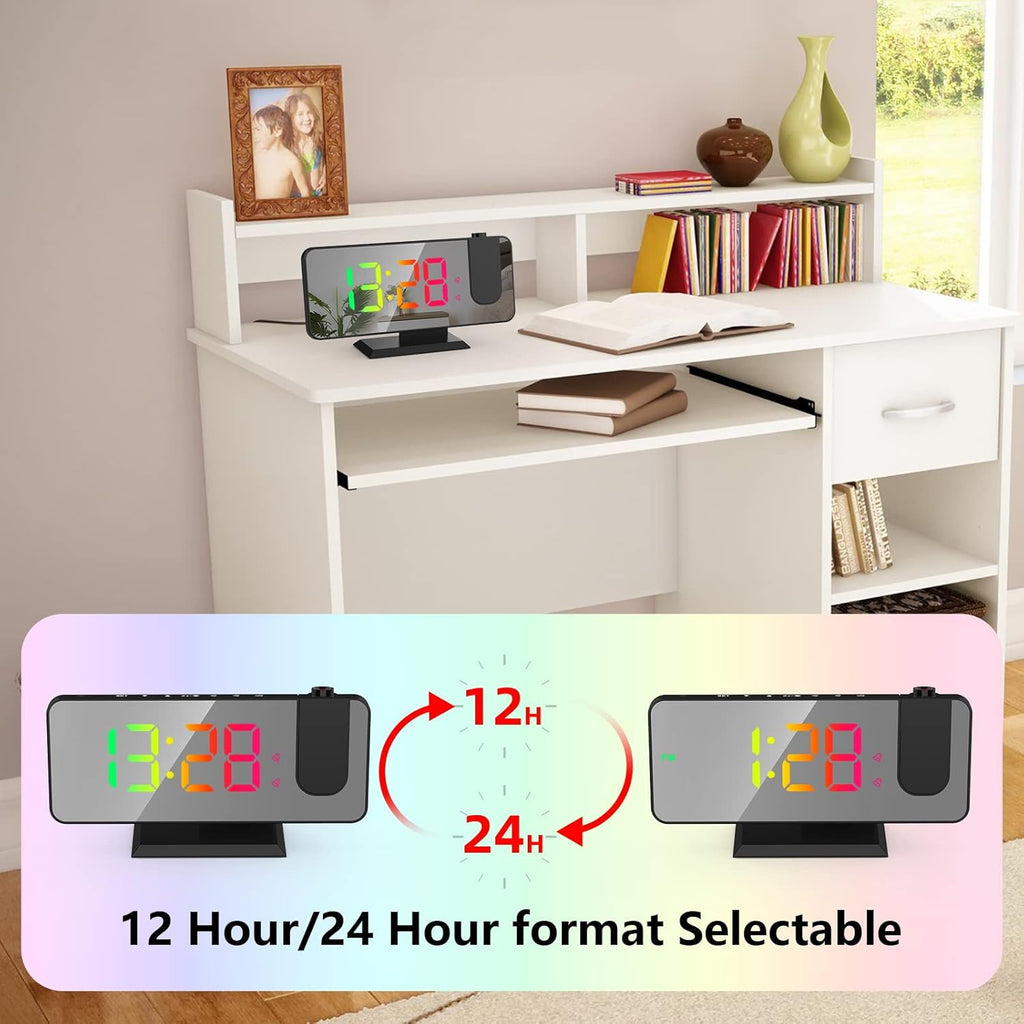 Projection Alarm Clock - 180° Rotatable Ceiling Projector, RGB LED Display, Dual Alarm & 5-Level Dimmer (Black)
