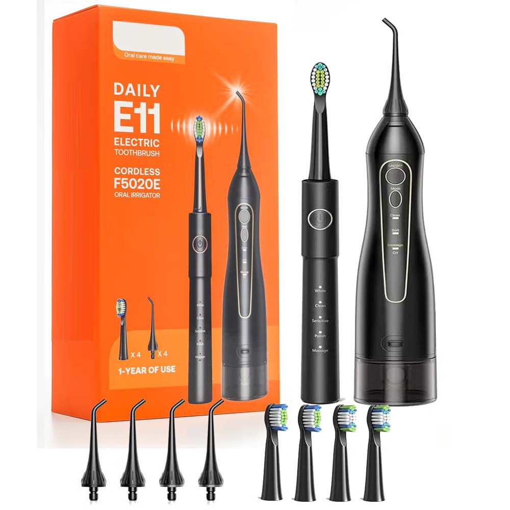 Electric Toothbrush & Water Flosser Combo – Cordless, Rechargeable, 5 Brush Modes, 3 Floss Modes, 8 Heads, Waterproof Oral Care Kit for Travel