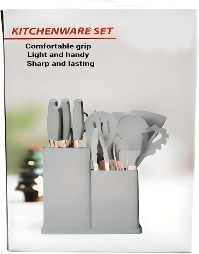 19-Piece Silicone Cooking Utensils & Knife Set with Block | Includes 11 Silicone Utensils, 5 Stainless Steel Knives, Scissors, Cutting Board | Grey