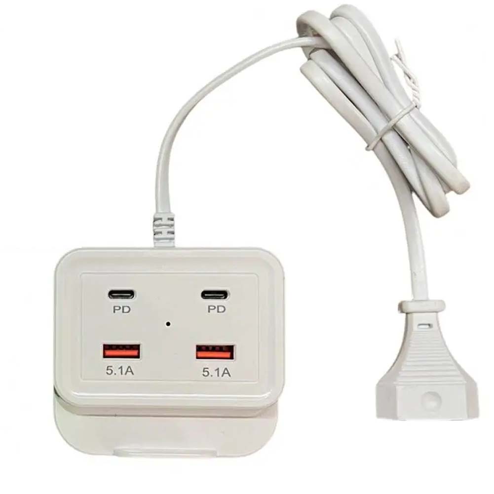 Intelligent USB Power Strip Plug with Dual PD & Dual USB Ports - 5.1A Multi-Port Fast Charging Power Supply | US/EU Plug, 4 USB Output Ports for Safe Charging | 100cm Wear-Resistant Extension Cable competible for iPhone, Android & Other Digital Devices
