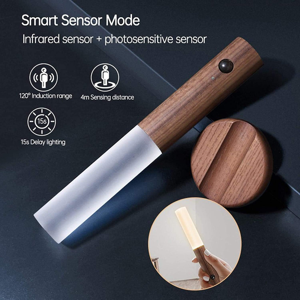 Motion Sensor Night Light with 4M Sensing Distance. Handheld portable smart LED light in walnut wood & glass. Stick anywhere.(1 Pcs)