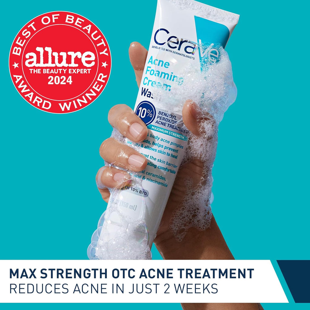 CeraVe Acne Foaming Cream Wash with 10% Benzoyl Peroxide. Treats breakouts on face & body, gentle with Niacinamide & Hyaluronic Acid.