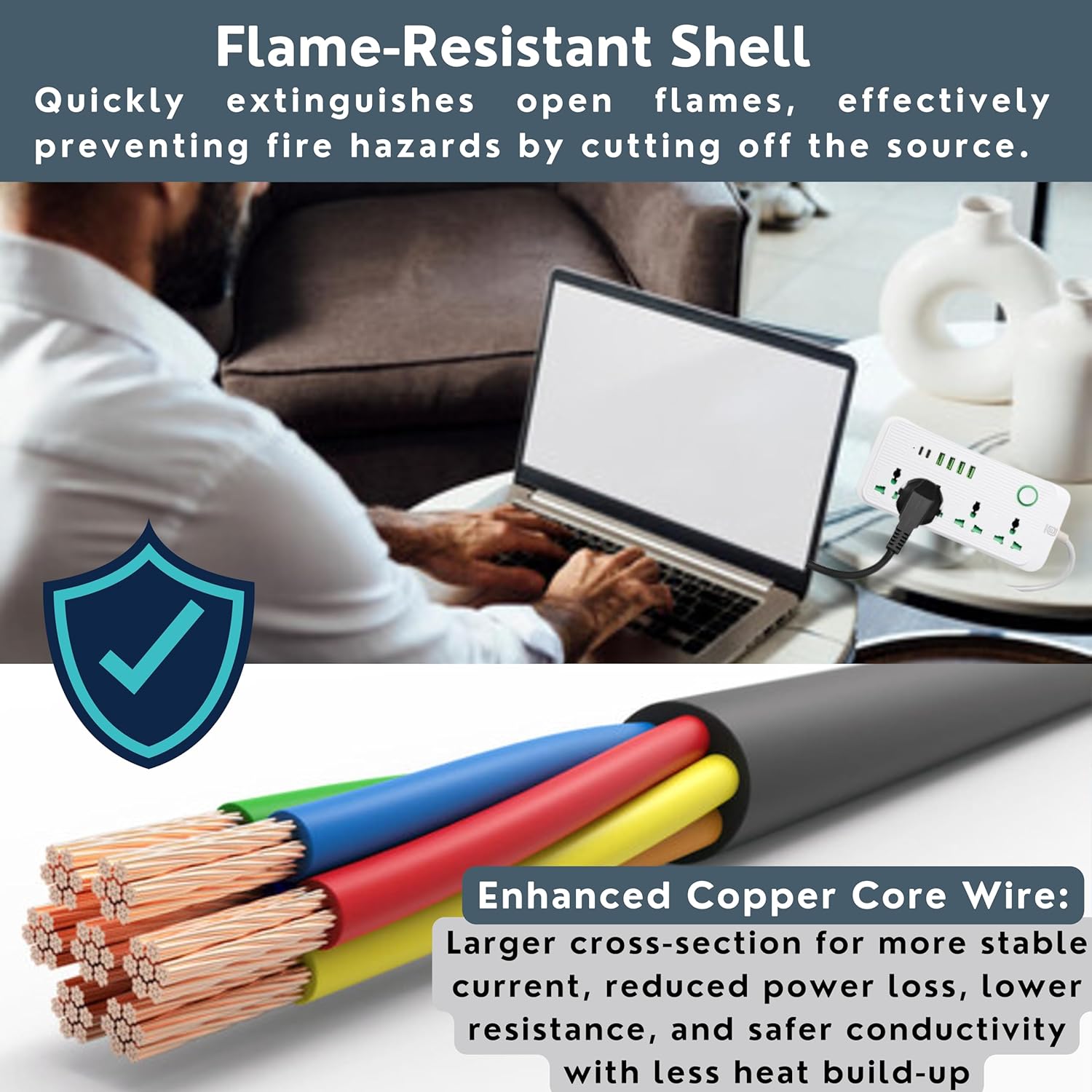 Multi-Plug Universal Extension Cord with 4 USB Ports, 4 Outlets, 2 Type-C Ports, Surge Protector, 10A UK Plug, 3M Power Extension Cable for Home & Office