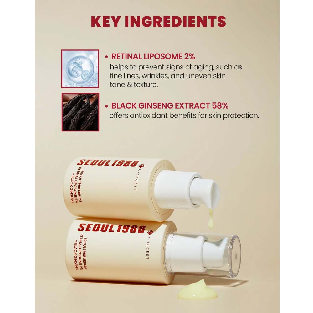 K-Secret SEOUL 1988 Serum with Retinal Liposome 2% & Black Ginseng – Anti-Aging, Wrinkle Care, Brightening & Firming Korean Face Serum 30ml