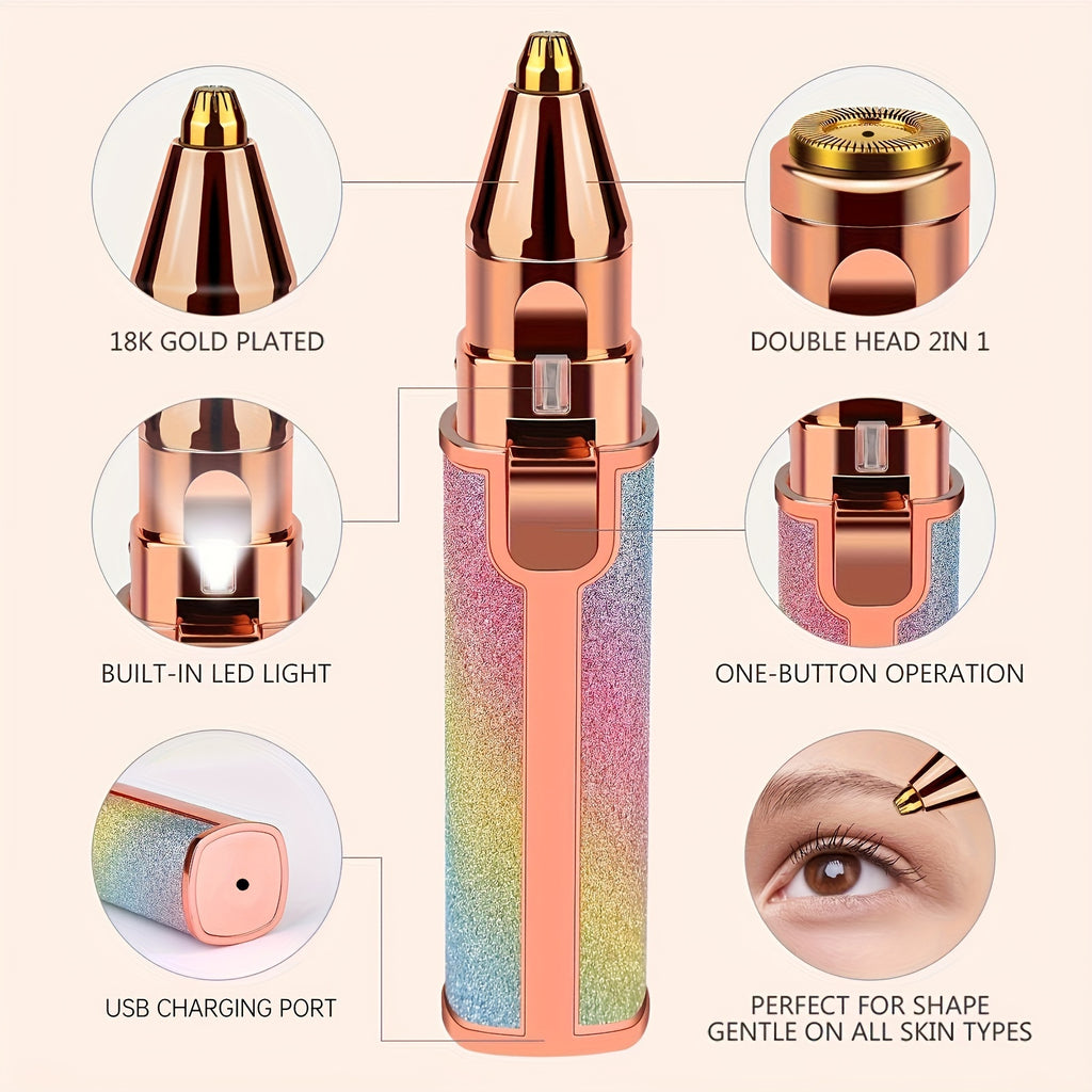 2-in-1 Eyebrow & Facial Hair Remover - USB Rechargeable with Multi-Colors, Cleaning Brush & Precision Trimming