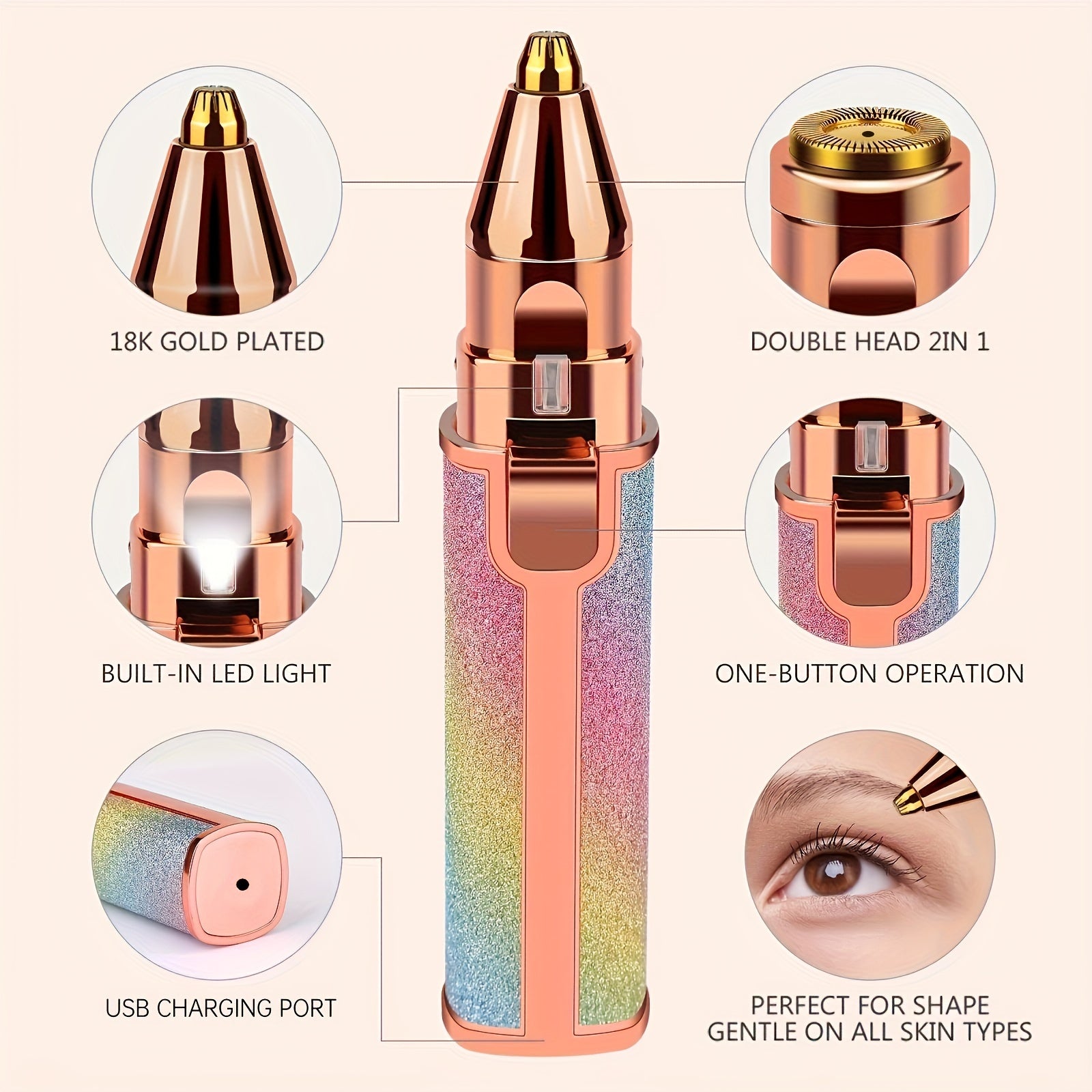 2-in-1 Eyebrow & Facial Hair Remover - USB Rechargeable with Multi-Colors, Cleaning Brush & Precision Trimming