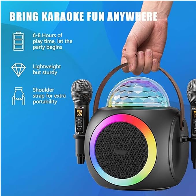 Karaoke Machine – Party-Ready Bluetooth Speaker with UHF Wireless Microphones and Disco Ball LED Lights