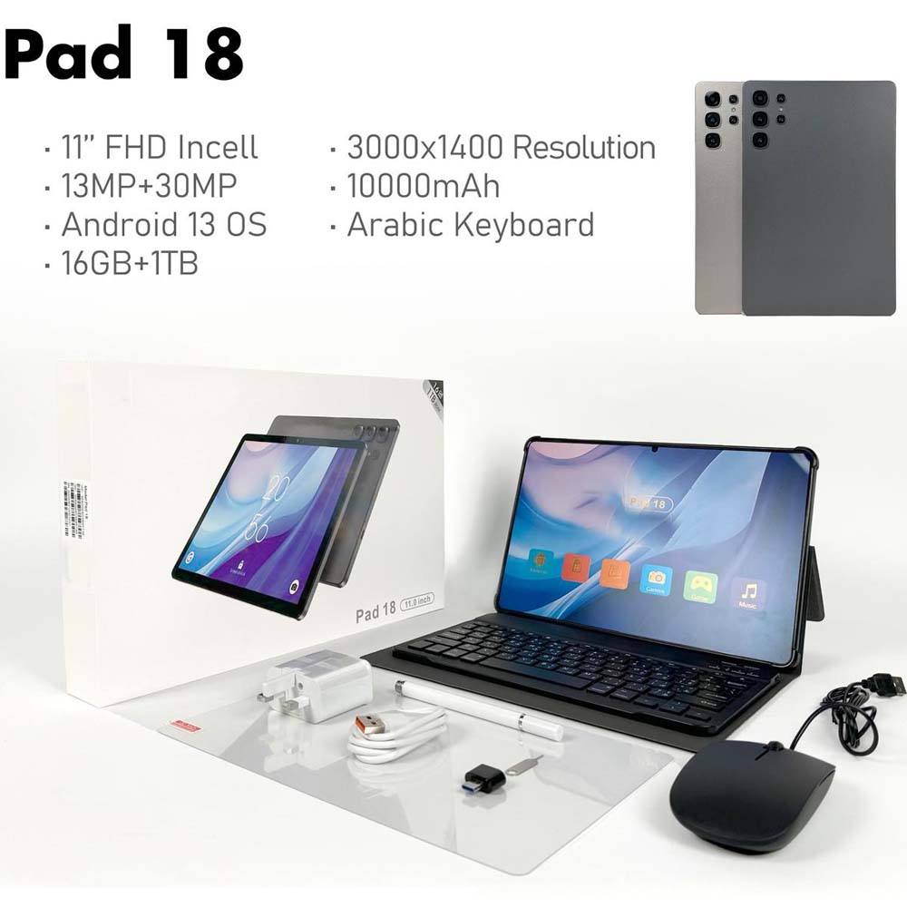 Pad 18 Ultra Tablet 11-Inch Full HD, 16GB RAM, 1TB Storage, Android 13, 10000mAh Battery with Arabic Keyboard