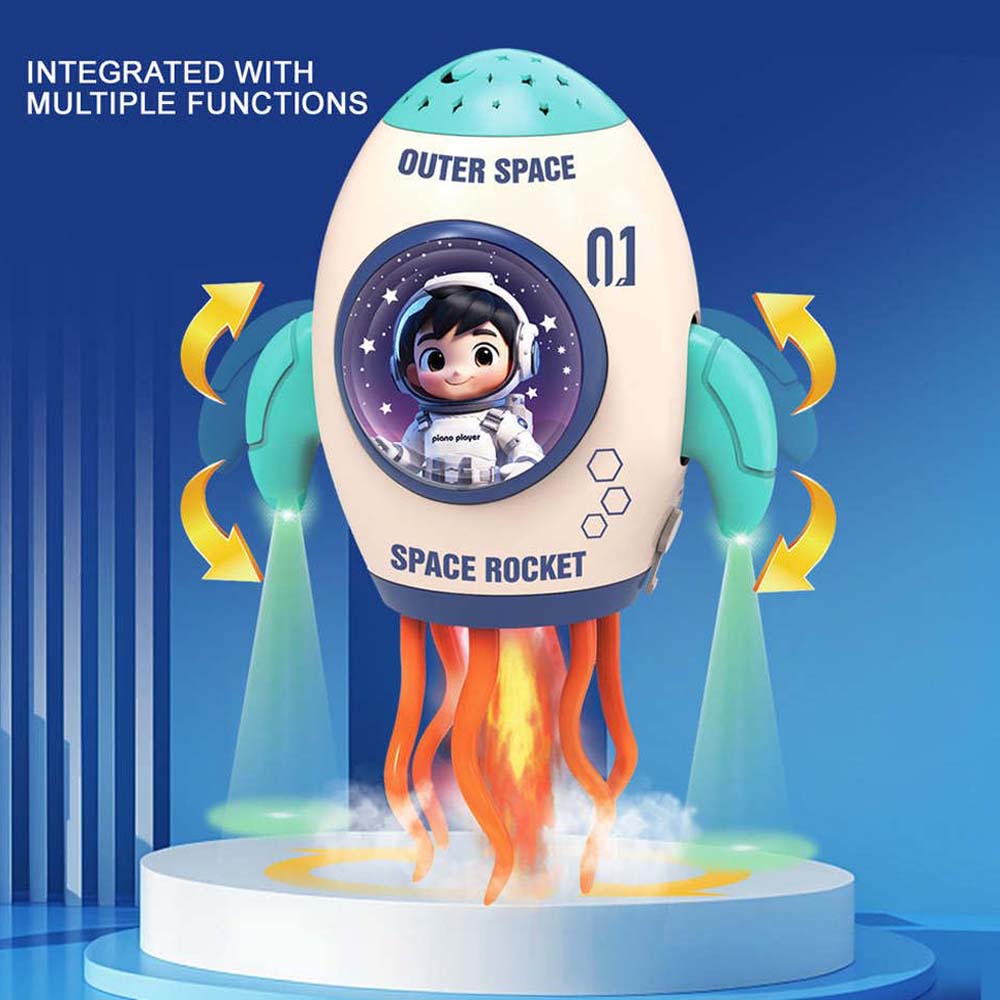 Rocket Toy with Fog Function. Crawling spray rocket with music, LED lights & dancing movement for 3-6 year old kids. Birthday gift.