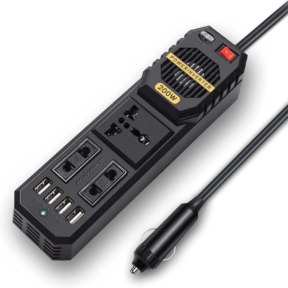 200W Car Power Inverter - DC 12V to AC 220V Converter with 2 AC Outlets, 4 USB Ports & Cigarette Lighter Socket