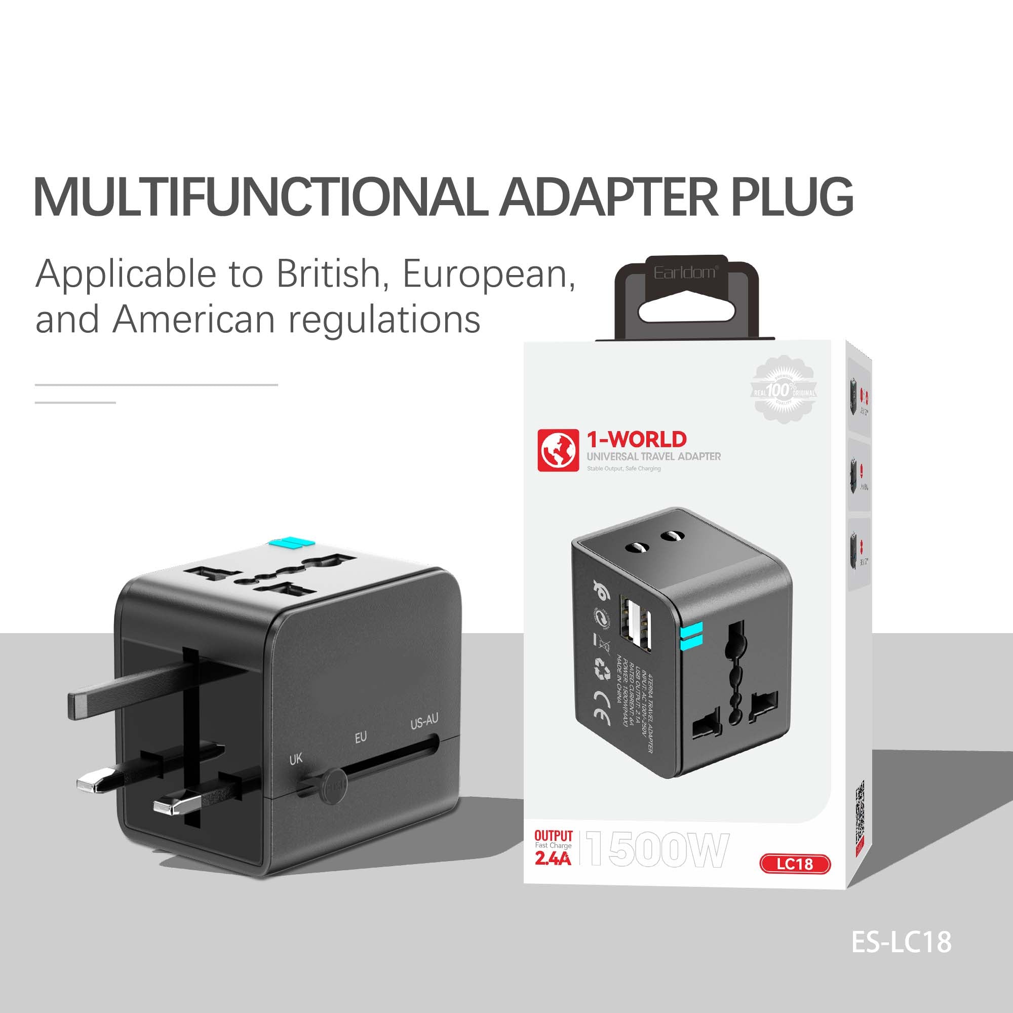 Universal Travel Adapter - Worldwide Mobile Charger with USB and Type-C Ports, High-Speed 1500W Output for International Use, with Multi-Protection Features