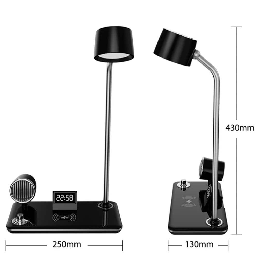 LED Desk Lamp with Wireless Charger, Bluetooth Speaker, Clock & Night Light - Modern Multifunctional Touch Control Design