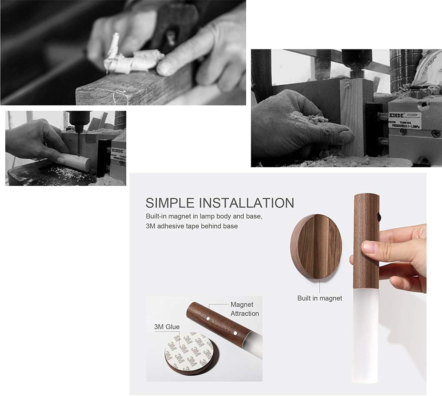 Motion Sensor Night Light with 4M Sensing Distance. Handheld portable smart LED light in walnut wood & glass. Stick anywhere.(1 Pcs)
