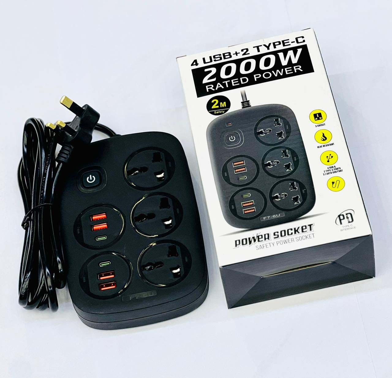 4USB+2Type-C British Standard Power Switch - Black Color-Changing LED Circle w/ Total Control, 2500W