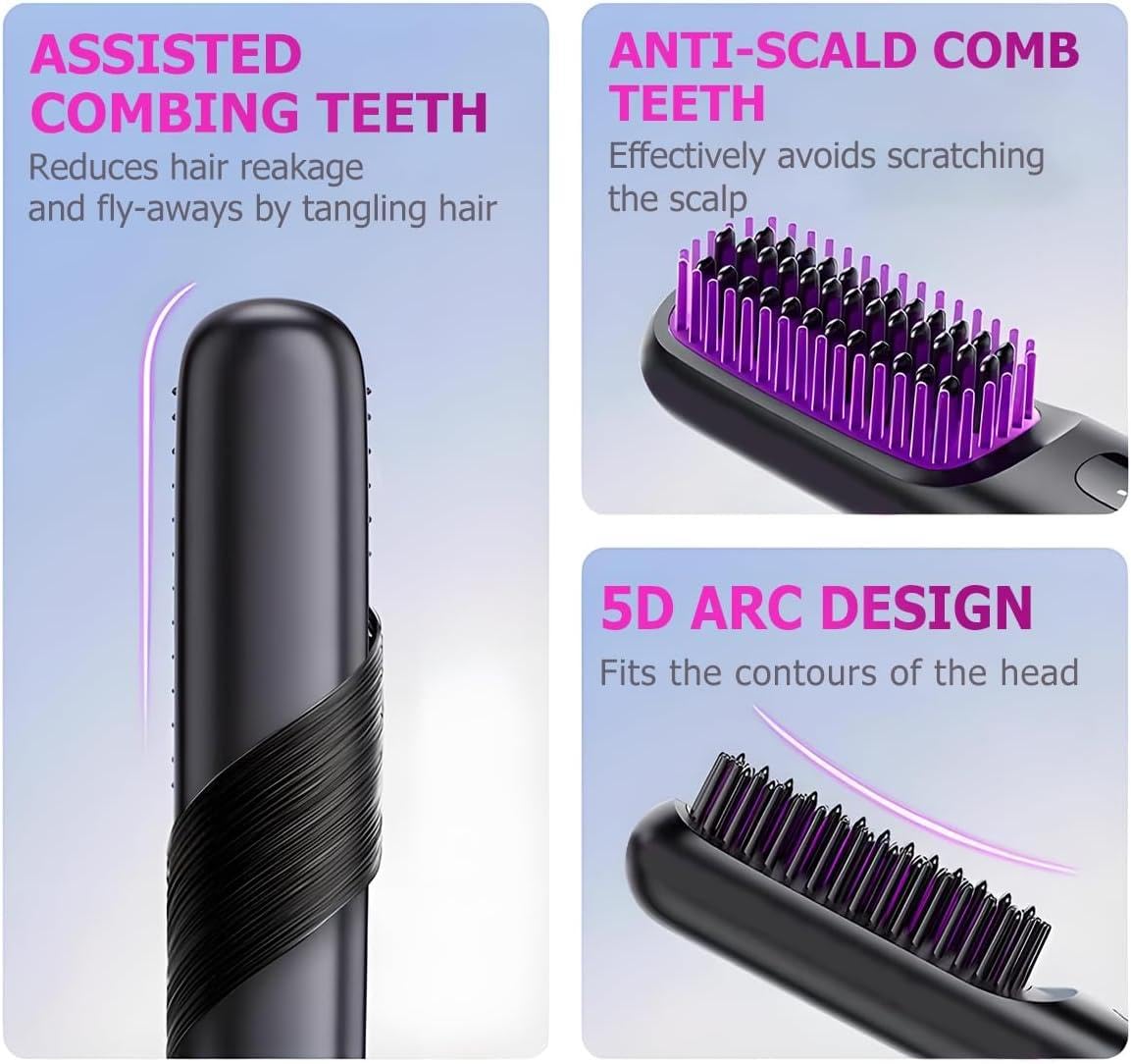 Cordless Hair Straightener Brush. USB rechargeable mini hot comb with negative ions, LED display & travel-safe design Pink -Colour