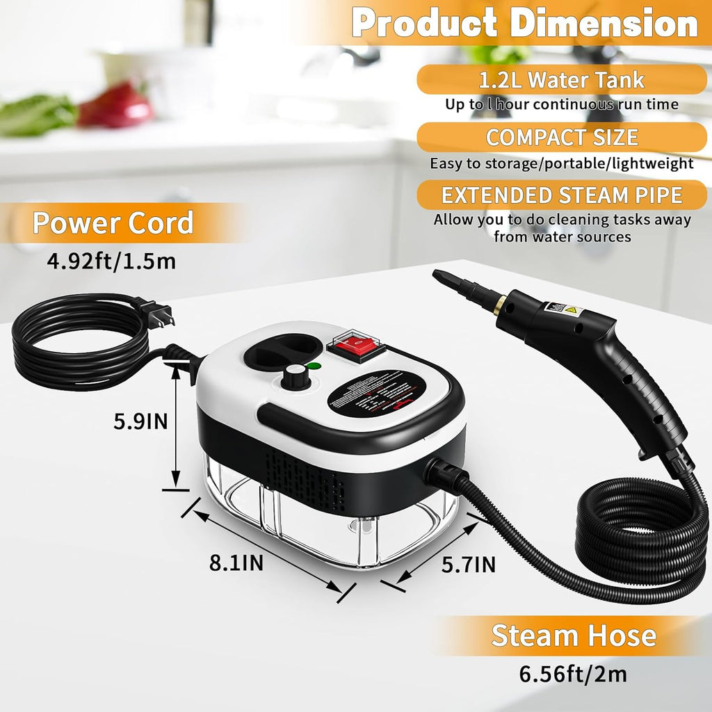 High Pressure Handheld Steam Cleaner. 15s fast heating portable steamer for dirt, grease, grout, tile, floor & car. White.