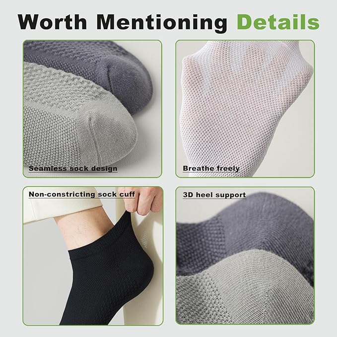 Men's Breathable Cotton Ankle Socks - 6 Pairs, Lightweight & Comfortable for All Seasons (White)