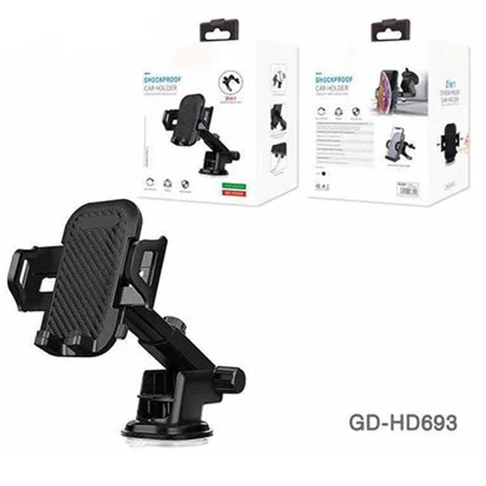 GD-HD693 2-in-1 Shockproof Car Phone Holder. Universal dashboard and air vent mount with 360° rotation for safe driving.