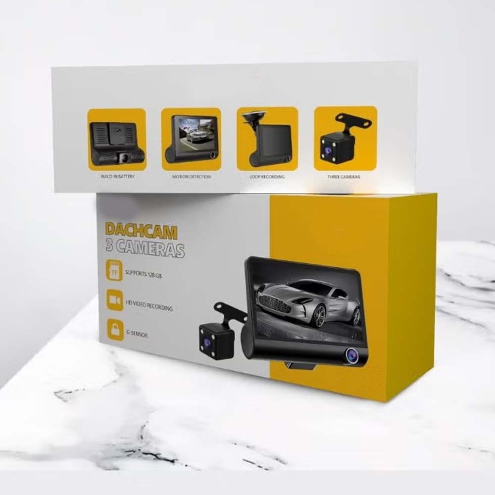 DX3618 3-Channel Car Dashcam. 4" HD display with front, rear & inside cameras. Loop recording, night vision & G-sensor.