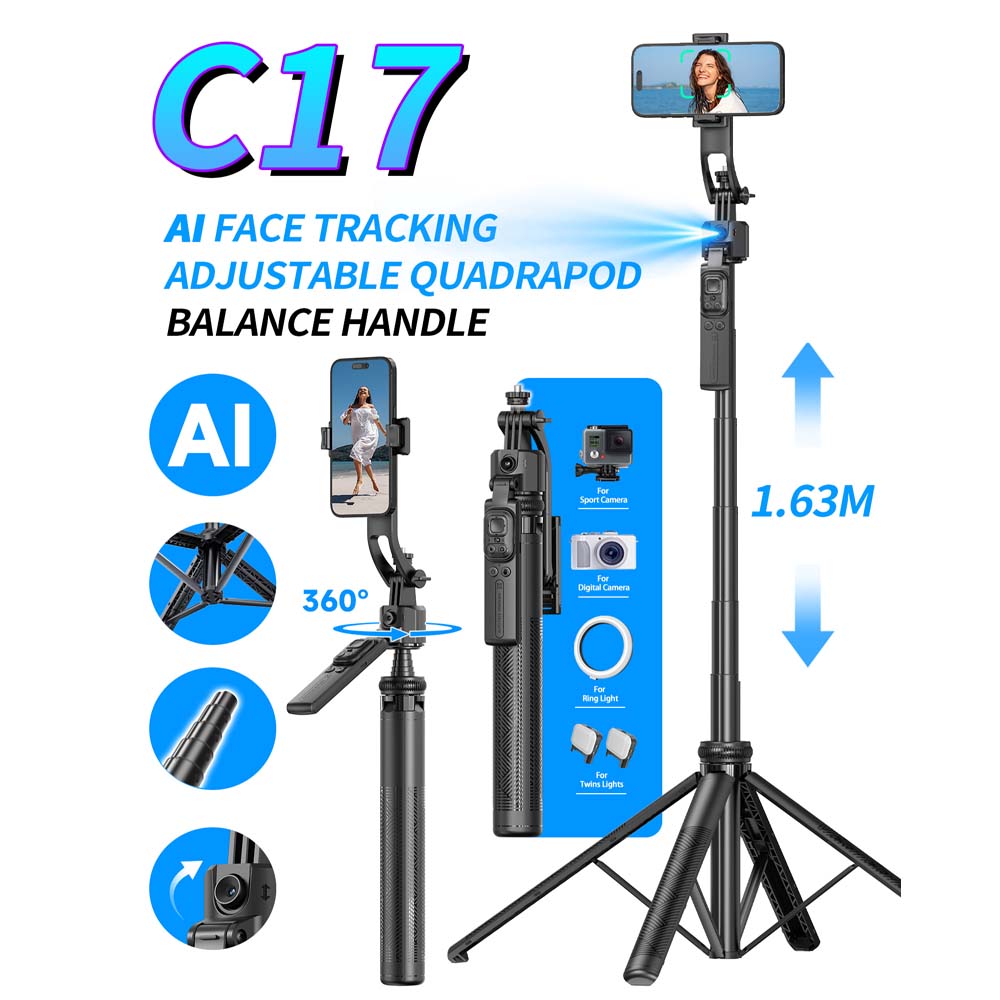 C17 AI Face Tracking Selfie Stick & Tripod. 360° rotation, smart gesture control & Bluetooth remote for vlogging & streaming.