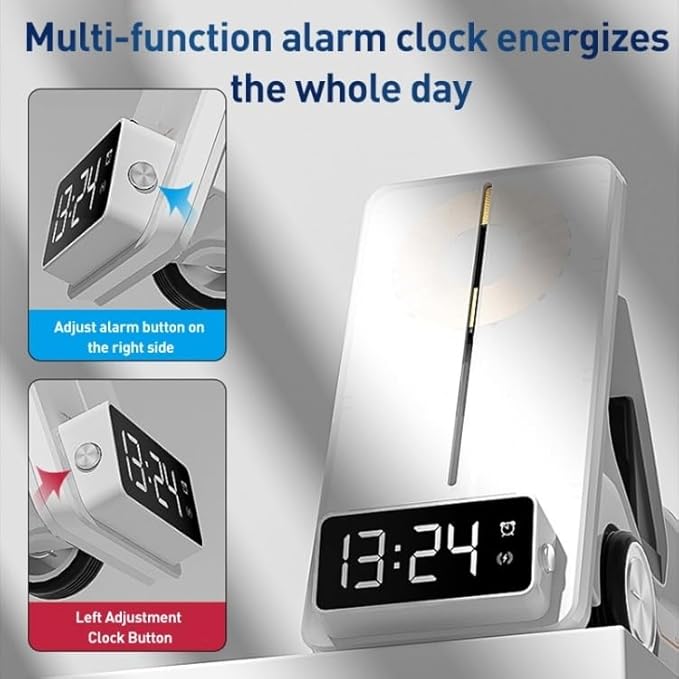 T20 Multifunctional Wireless Charging Station – 5-in-1 Fast Charger with Alarm Clock, Multi-Device Compatibility (Multi)