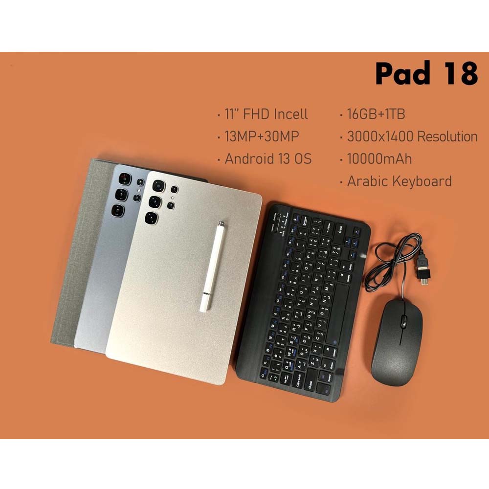 Pad 18 Ultra Tablet 11-Inch Full HD, 16GB RAM, 1TB Storage, Android 13, 10000mAh Battery with Arabic Keyboard