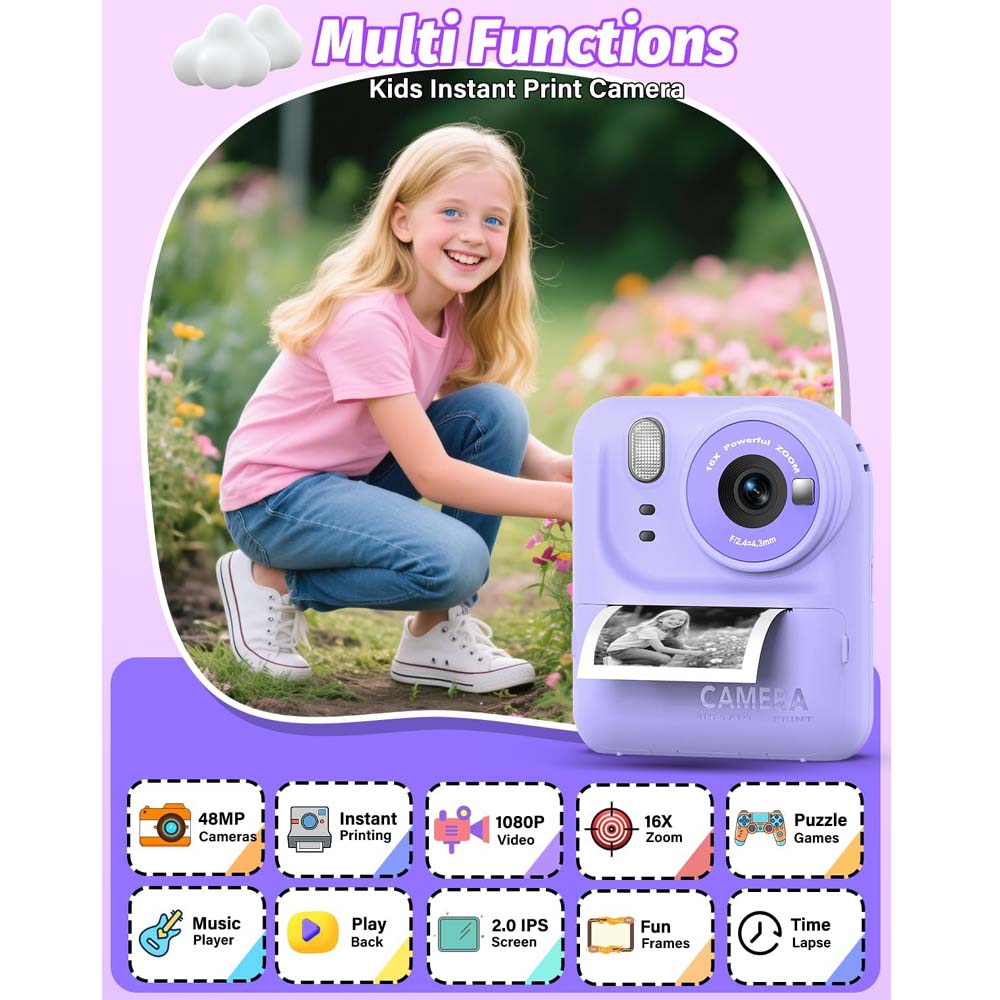 Kids Instant Print Camera with 4800W HD Photos, 1080p Video & Ink-Free Thermal Printing. 2.4" IPS display, built-in games & MP3 player.