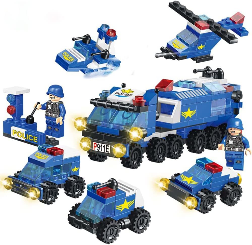 6-in-1 City SWAT Police Vehicle Building Blocks Set – 158-Piece DIY Assemble Scene with Modern Buildings & Character Dolls for Kids 6+