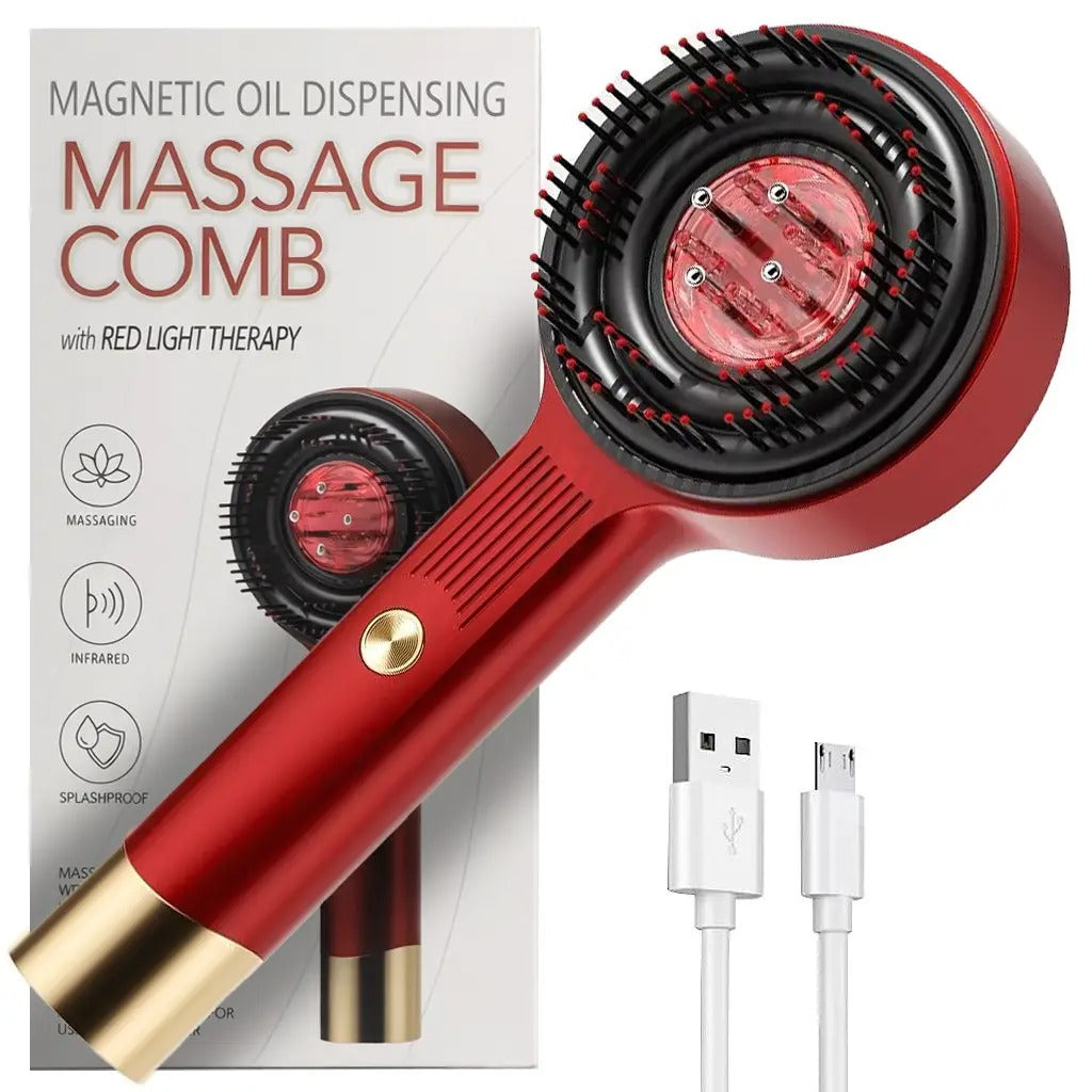 Red Infrared Scalp Massager Comb with LED Light Therapy. USB rechargeable electric head massage brush for hair growth & fall control.