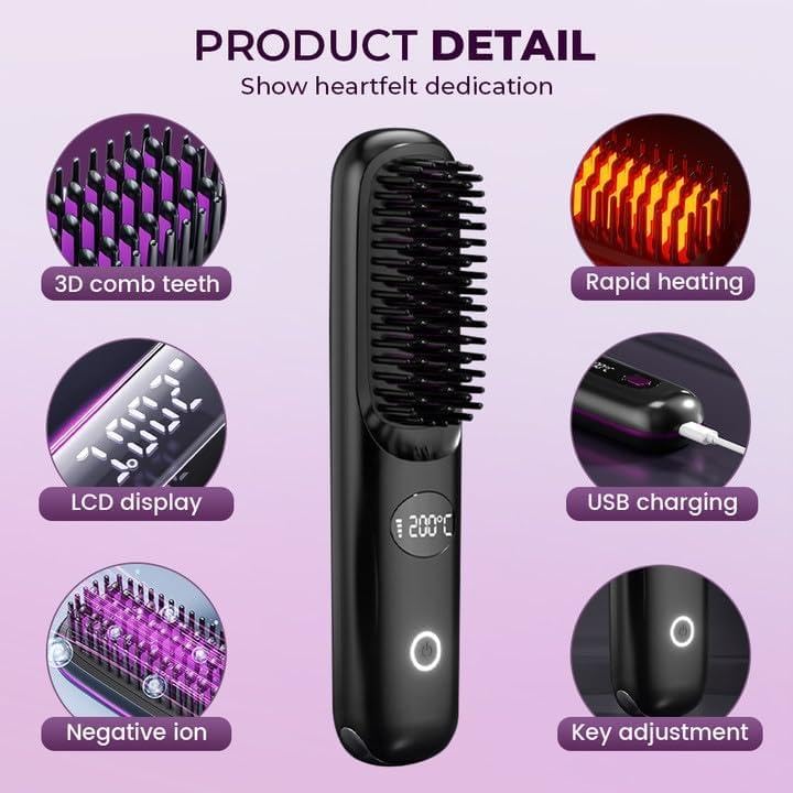 Cordless Hair Straightener Brush. USB rechargeable mini hot comb with negative ions, LED display & travel-safe design Pink -Colour