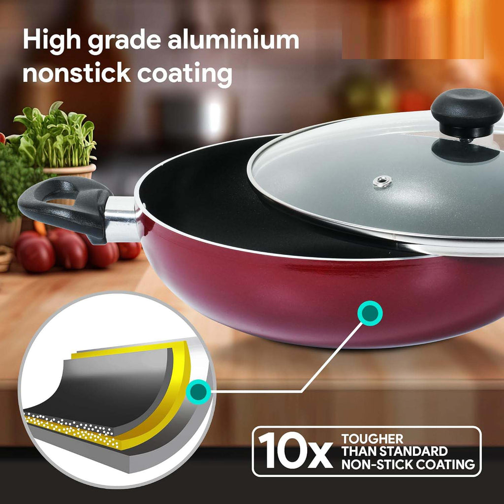 9-Piece Non-Stick Cookware Set - Cast Aluminum Casserole, Kadai, Frypan, Milkpan with Glass Lids & Nylon Spatulas, Heat-Resistant