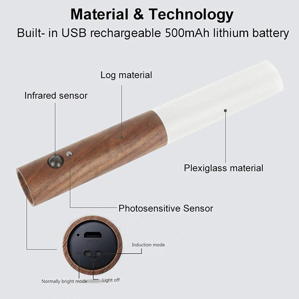 Motion Sensor Night Light with 4M Sensing Distance. Handheld portable smart LED light in walnut wood & glass. Stick anywhere.(1 Pcs)