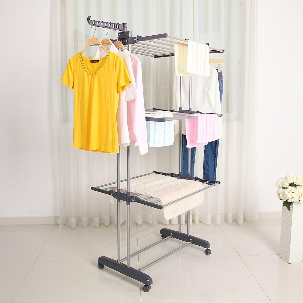 Foldable Rolling Laundry Drying Rack with Adjustable Shelves | Heavy-Duty Stainless Steel Rods | Compact Storage | 4-Tier Adjustable Height & Portable Design