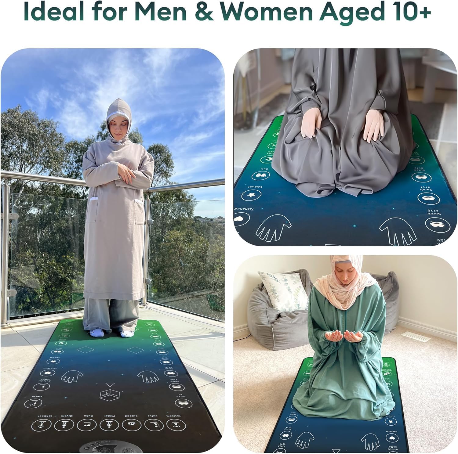 Smart Interactive Prayer Mat for Adults & Reverts. 25 touch keys, speaker & padded layer for learning Salah, Surahs & Duas. Ages 8+