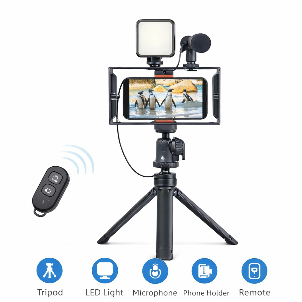 PK-778 5-in-1 Video Making Kit - Tripod, LED Light, Mic, Phone Holder & Remote for Content Creation