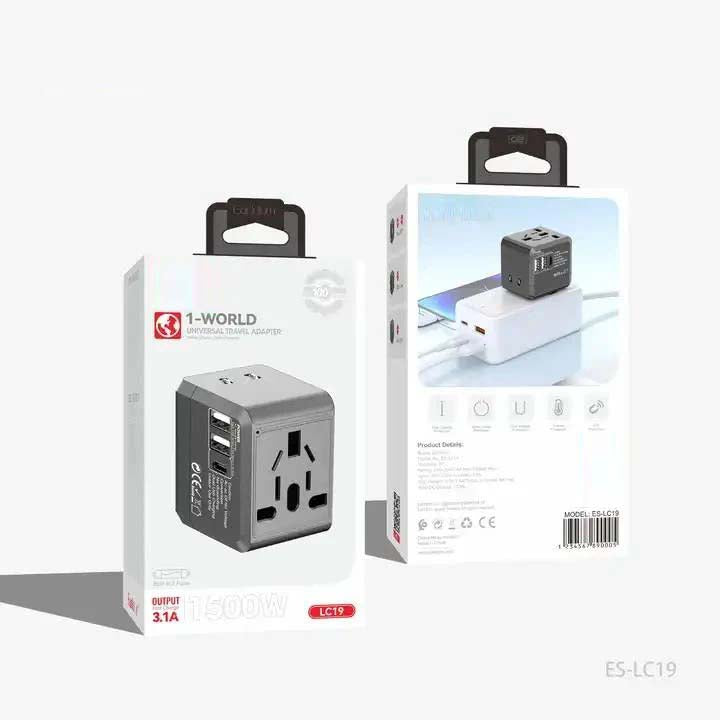 USB International Travel Adapter with Type-C to USB 3.1 Adapter – Universal Travel Adapter with Dual USB Ports, Compatible Worldwide for Smartphones, Tablets, and Laptops