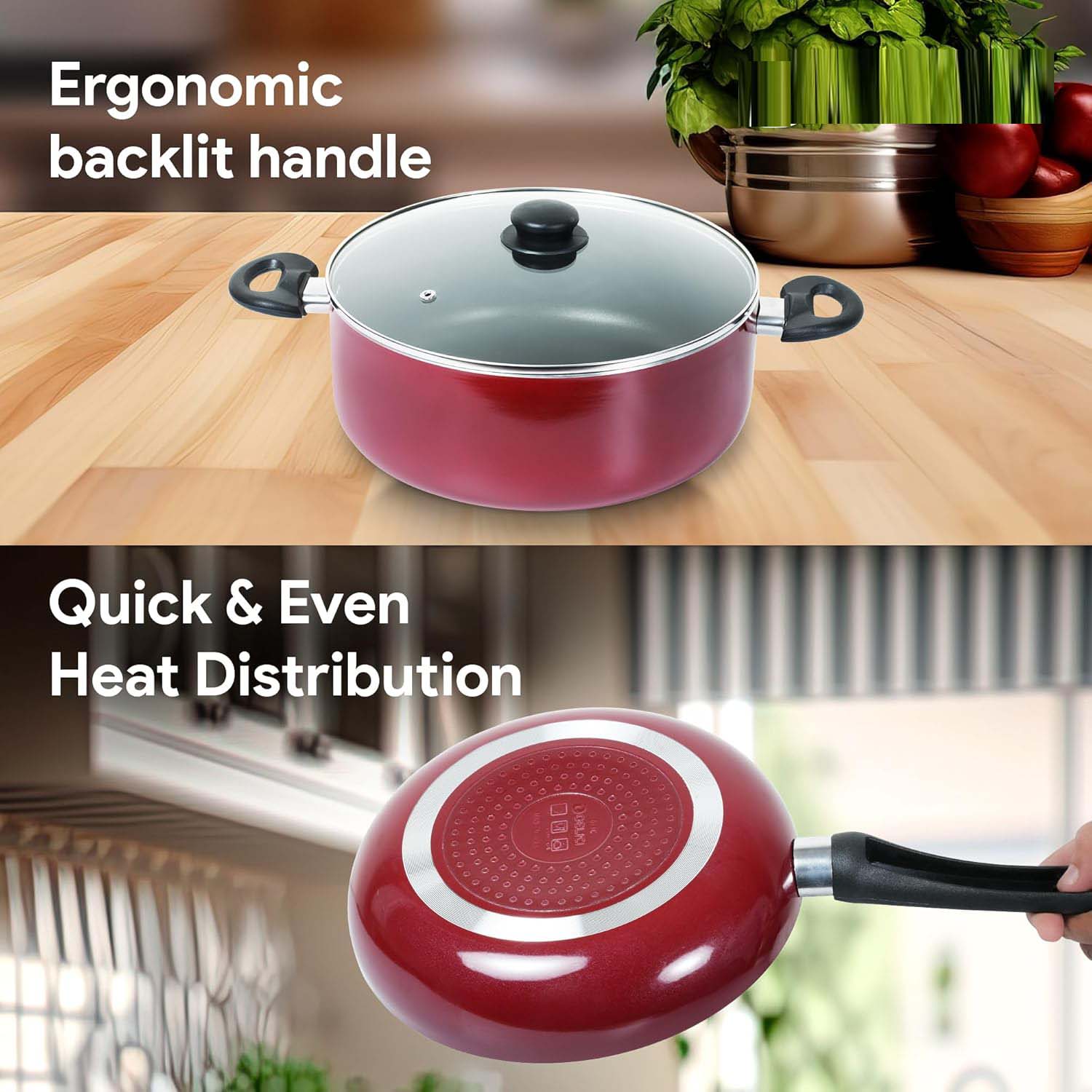 9-Piece Non-Stick Cookware Set - Cast Aluminum Casserole, Kadai, Frypan, Milkpan with Glass Lids & Nylon Spatulas, Heat-Resistant