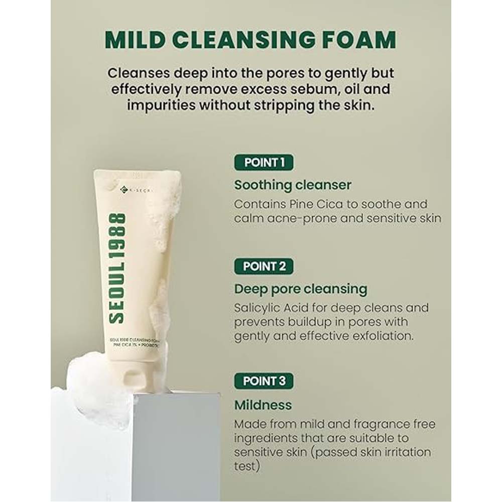 KSECRET SEOUL Pine Cica 1% + Probiotics Cleansing Foam. Soothing Korean face wash for sensitive skin. 150ml.