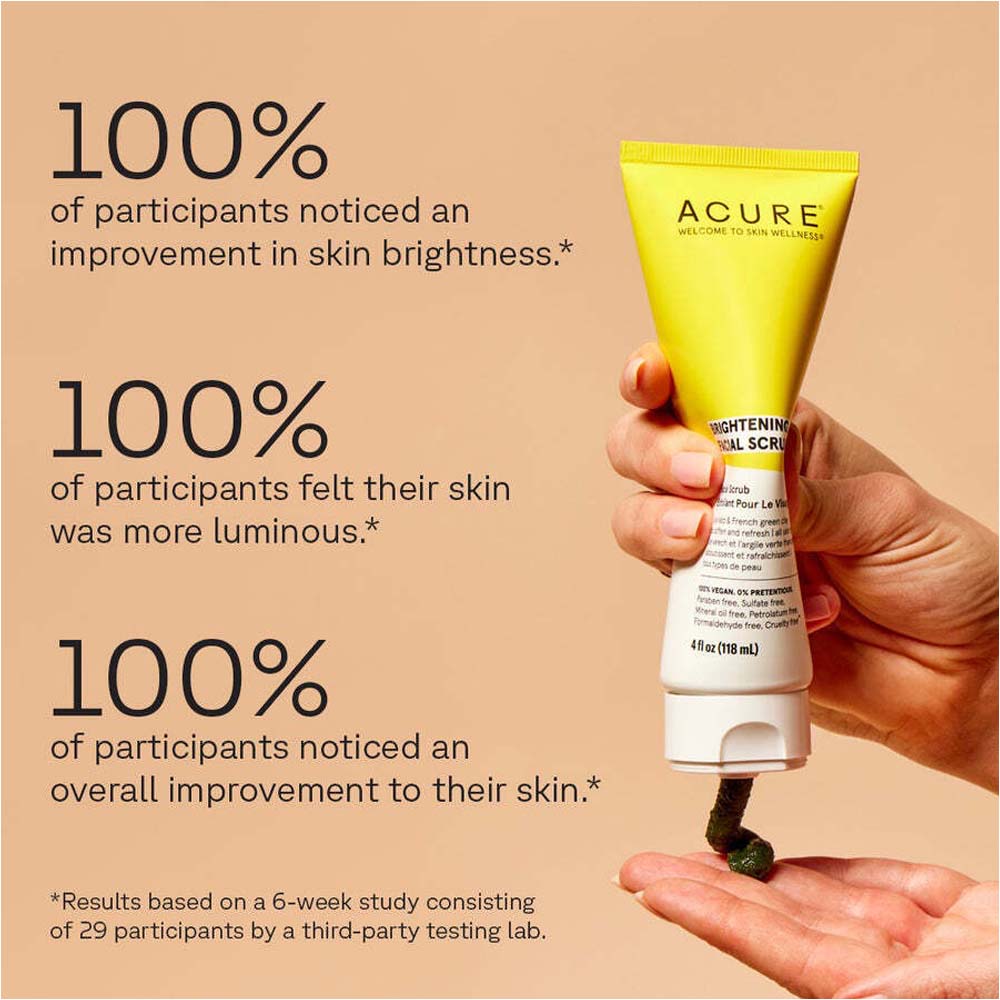 Acure Brightening Facial Scrub - Exfoliating Face Wash with Sea Kelp & French Green Clay, Gentle Daily Scrub for Radiant Skin