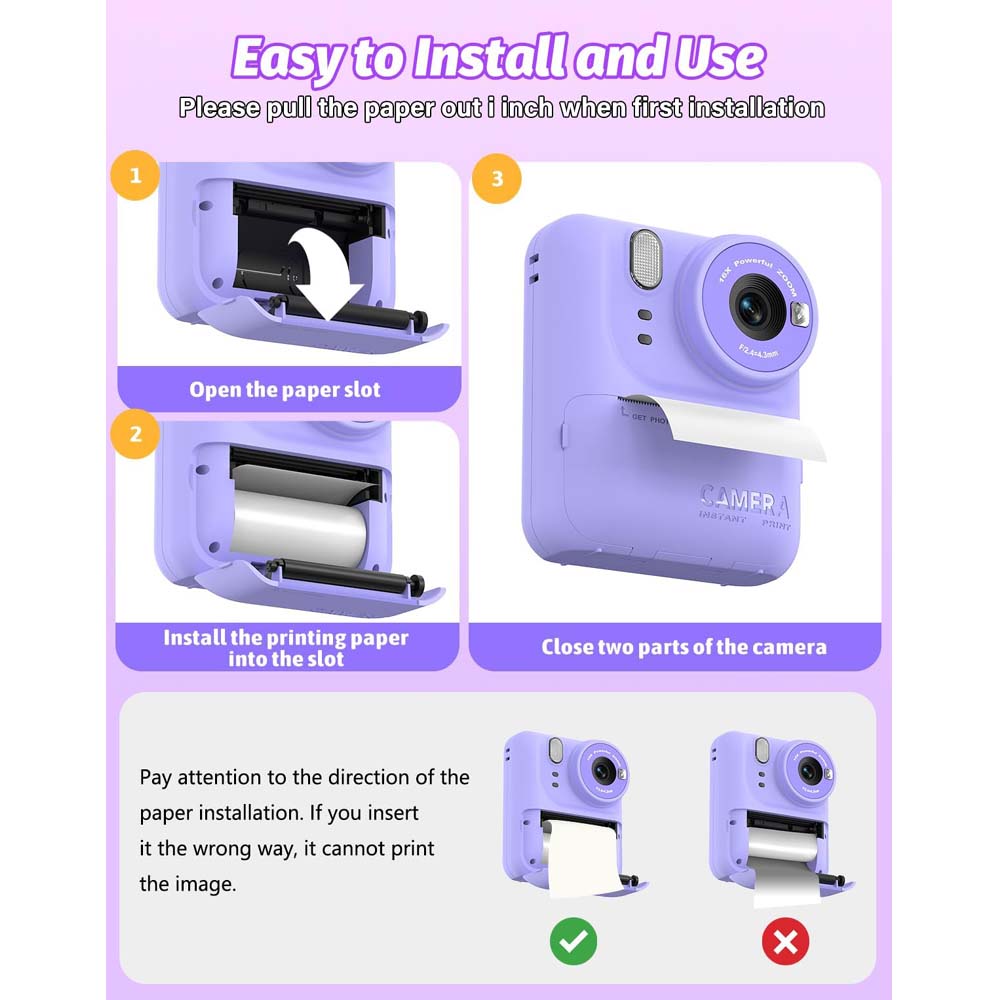 Kids Instant Print Camera with 4800W HD Photos, 1080p Video & Ink-Free Thermal Printing. 2.4" IPS display, built-in games & MP3 player.