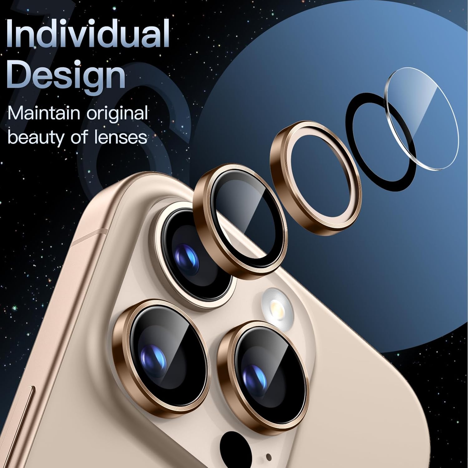 iPhone 16/17 Pro Max Camera Lens Protector - 3-Pack 9H Tempered Glass with  Alloy Ring, Anti-Scratch HD Cover (Desert Titanium)