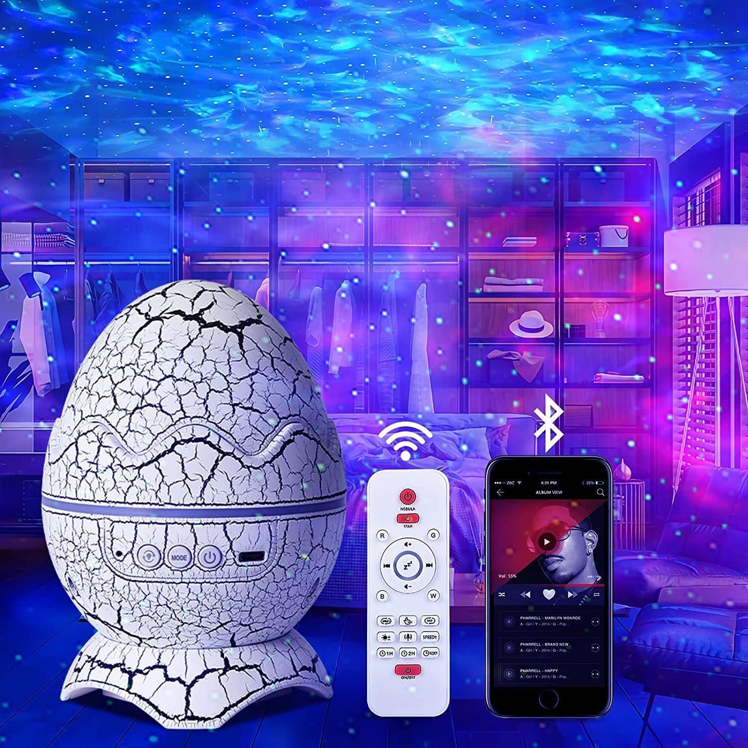 Galaxy Projector Dinosaur Egg – Sky Night Light with Bluetooth Music and Laser Lamp for Room and Party Decor