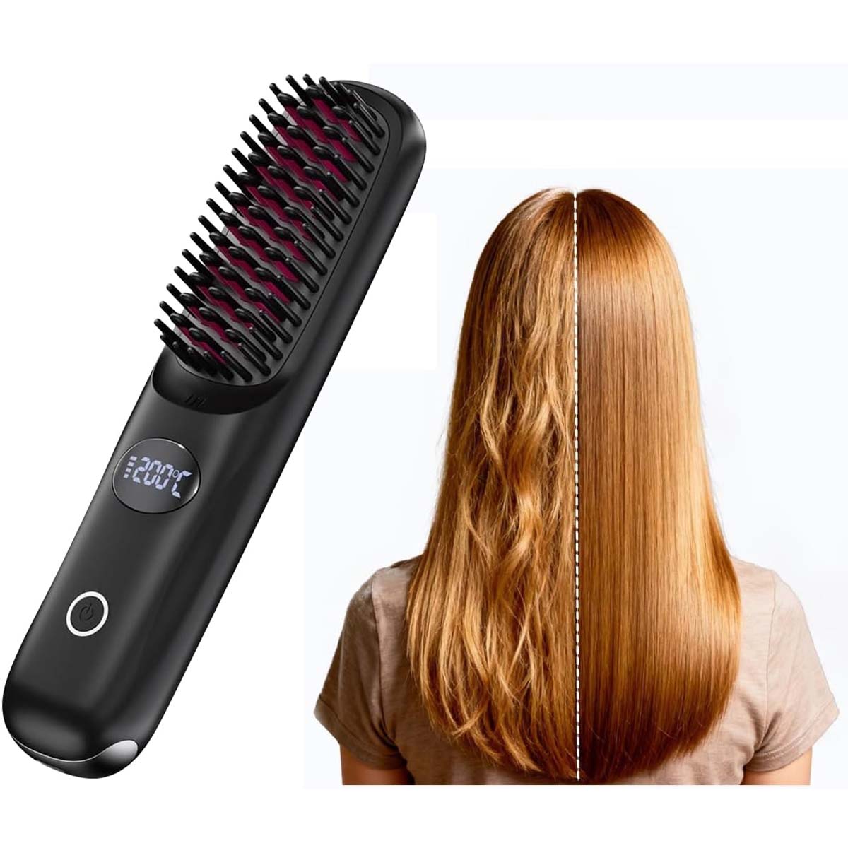 Portable Cordless Hair Straightener Brush. USB rechargeable mini hot comb with negative ions, LED display & travel lock.